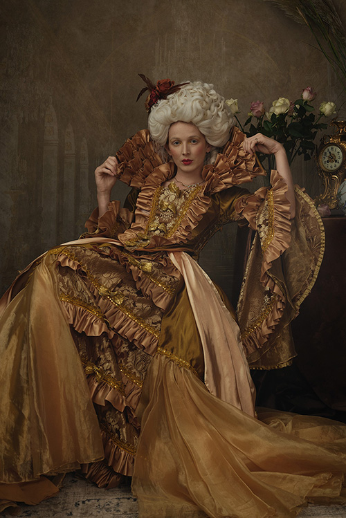 Marie Antionette shoot stunning period deep gold ball gown from the musical Phantom of the Opera